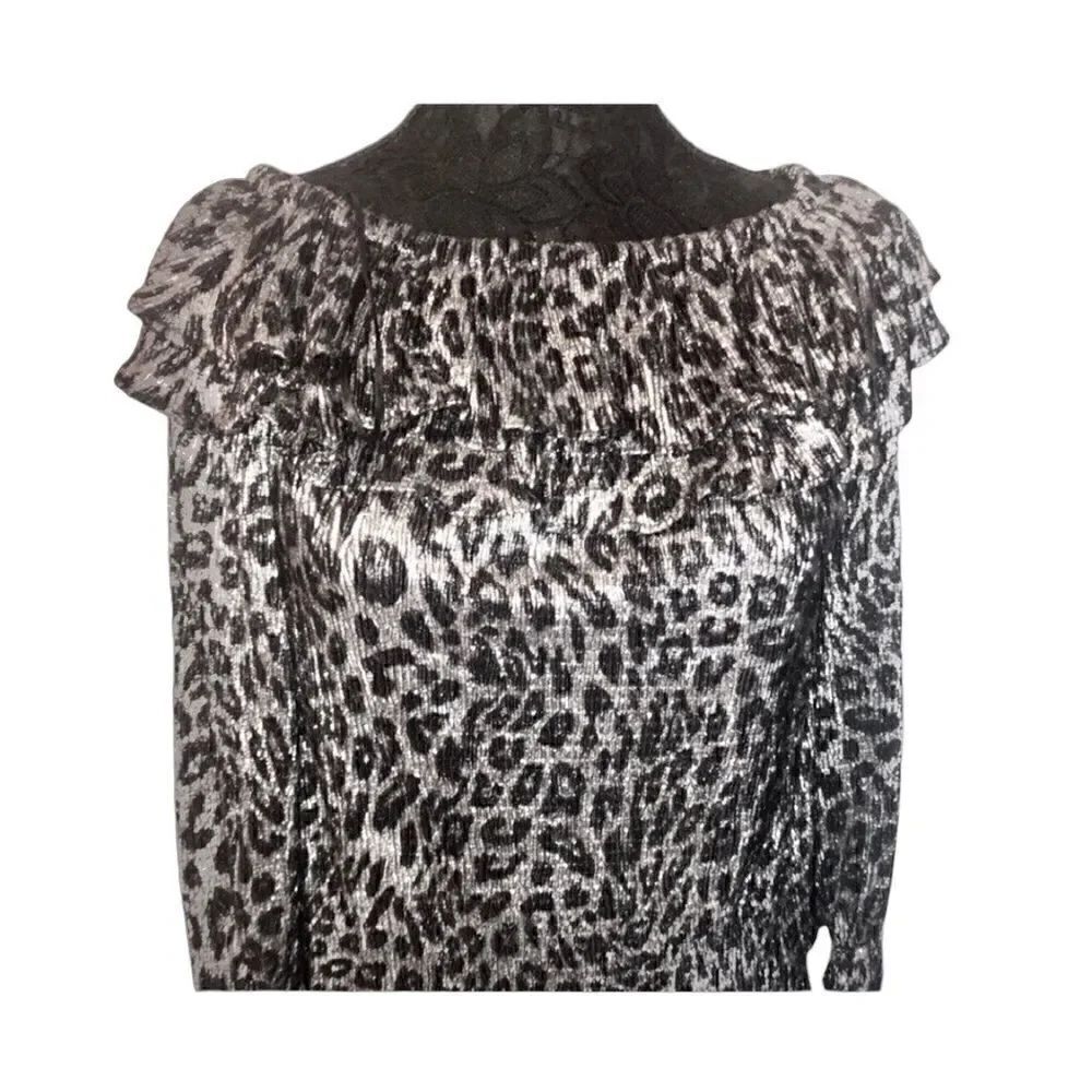 NWT MICHAEL KORS Animal Print Ruffle Off-Shoulder Long Sleeves Shinny Gray B…